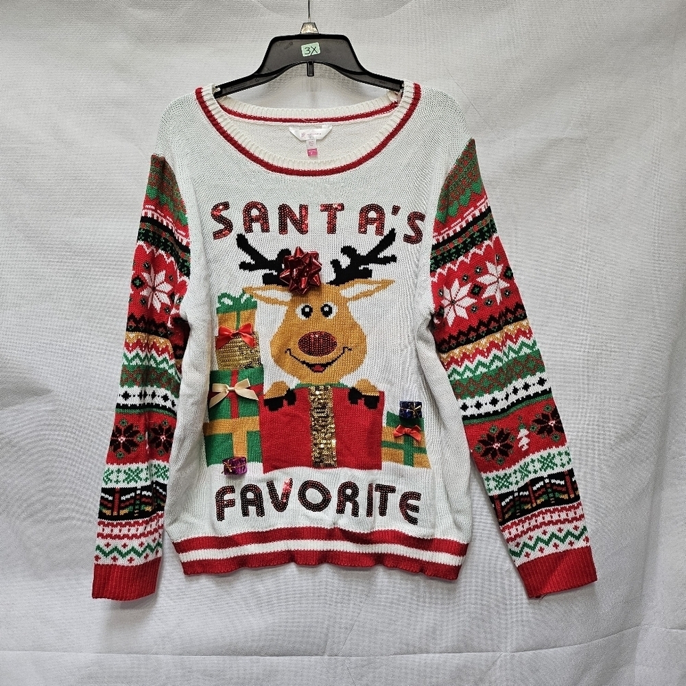 No Boundaries Santa's Favorite Red Sequin Ugly Sweater 100% Acrylic Sz XXXL